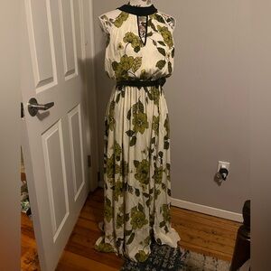 Eva Mendes for New York & Company White Maxi Dress with Olive Floral Print